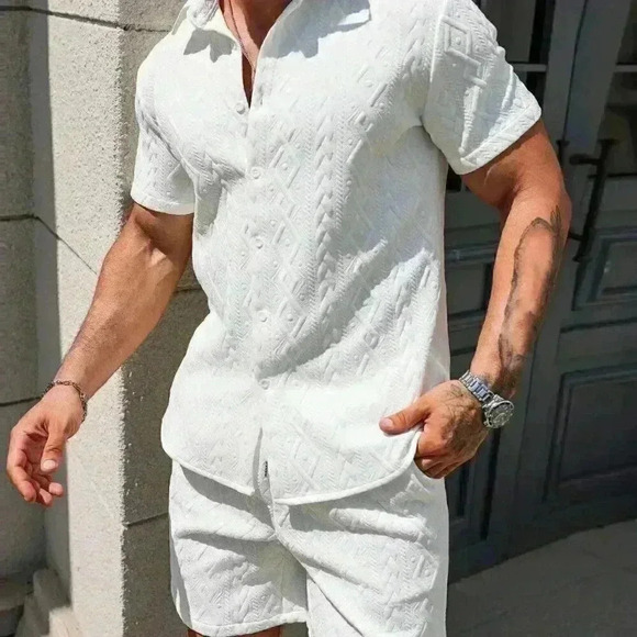 White Casual Men's Summer Solid Textured Shirt And Shorts Set - Picture 4 of 5
